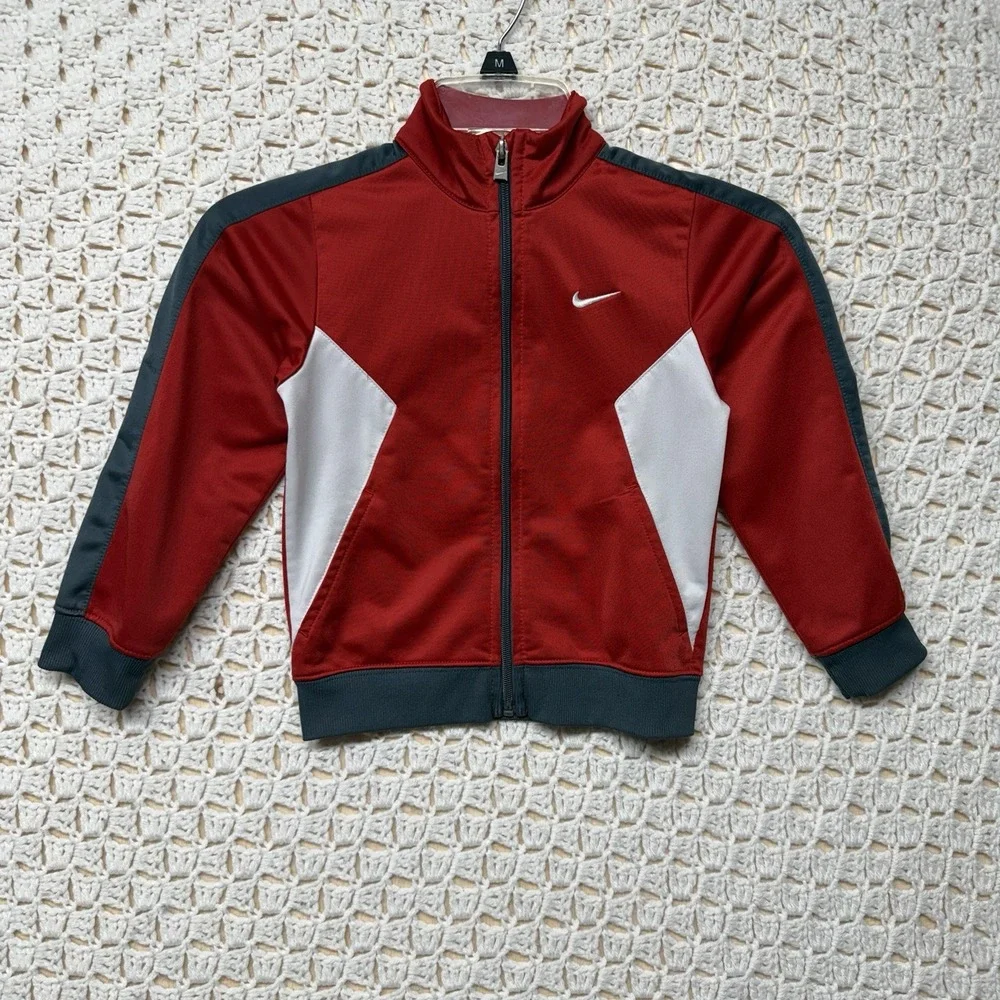 Nike Track Jacket Boys Size 5 Red White Gray  Full Zip Pocketes